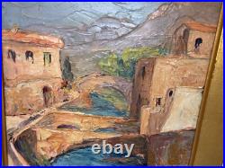 Vintage Oil on Board Signed Zicca Landscape with Bridges Painting