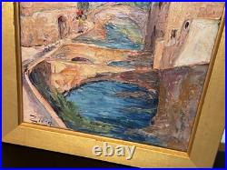 Vintage Oil on Board Signed Zicca Landscape with Bridges Painting