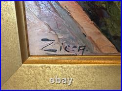 Vintage Oil on Board Signed Zicca Landscape with Bridges Painting