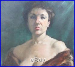 Vintage Oil on Canvas Portrait of Beautiful Woman Semi-Nude, Signed