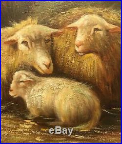 Vintage Oil on Canvas Sheep Painting Beautifully Wood Framed & Signed C. Swanson