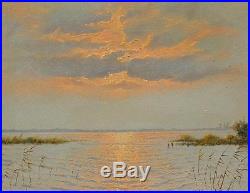 Vintage Oil on Canvas of a Netherlands Sunset Lake Scene Illegibly Signed