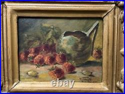 Vintage Oil on Cardboard Painting, Strawberries Still Life, Signed