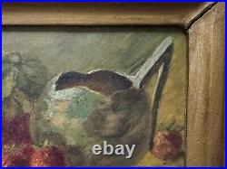 Vintage Oil on Cardboard Painting, Strawberries Still Life, Signed
