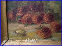Vintage Oil on Cardboard Painting, Strawberries Still Life, Signed