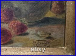 Vintage Oil on Cardboard Painting, Strawberries Still Life, Signed