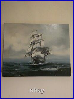 Vintage Oil painting on canvas, seascape, Sailing Ship in the High Sea, Signed