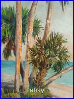 Vintage Old Florida Beach Coastal Landscape MCM Palm Trees Art Oil Painting 1960