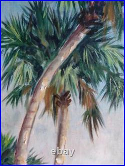 Vintage Old Florida Beach Coastal Landscape MCM Palm Trees Art Oil Painting 1960