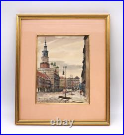 Vintage Old Town Poland Cityscape Scene Watercolor Painting Signed Illegible