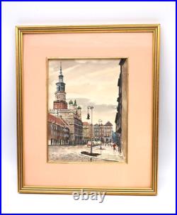 Vintage Old Town Poland Cityscape Scene Watercolor Painting Signed Illegible