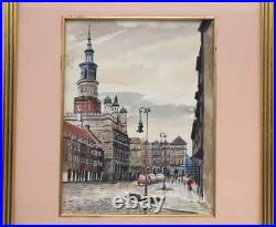 Vintage Old Town Poland Cityscape Scene Watercolor Painting Signed Illegible