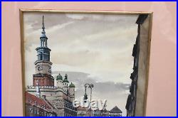 Vintage Old Town Poland Cityscape Scene Watercolor Painting Signed Illegible