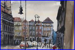 Vintage Old Town Poland Cityscape Scene Watercolor Painting Signed Illegible