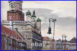 Vintage Old Town Poland Cityscape Scene Watercolor Painting Signed Illegible