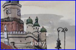 Vintage Old Town Poland Cityscape Scene Watercolor Painting Signed Illegible
