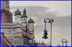 Vintage Old Town Poland Cityscape Scene Watercolor Painting Signed Illegible
