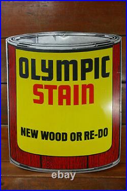 Vintage Olympic Stains Dealer Paint Can Shaped Metal Advertising Sign 35