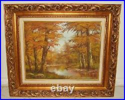 Vintage Orange Autumn Forest River Picture Oil Canvas Painting Signed Cafieri