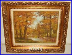 Vintage Orange Autumn Forest River Picture Oil Canvas Painting Signed Cafieri