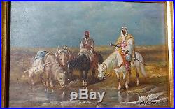 Vintage Orientalist Painting Arab Men On Horses Signed 20th C
