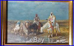 Vintage Orientalist Painting Arab Men On Horses Signed 20th C