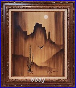 Vintage Orig. Artist Signed Southwestern Impressionist Painting Cactus Mountains