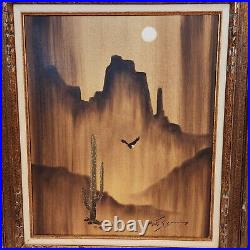 Vintage Orig. Artist Signed Southwestern Impressionist Painting Cactus Mountains