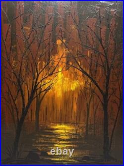 Vintage Original 1969 Forest Fire Landscape Oil Painting Signed Rodriguez 40x30