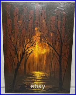 Vintage Original 1969 Forest Fire Landscape Oil Painting Signed Rodriguez 40x30