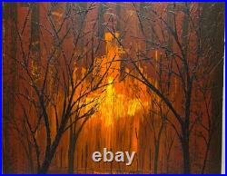 Vintage Original 1969 Forest Fire Landscape Oil Painting Signed Rodriguez 40x30
