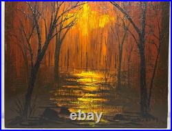 Vintage Original 1969 Forest Fire Landscape Oil Painting Signed Rodriguez 40x30