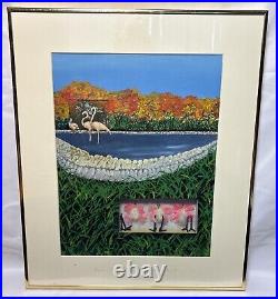 Vintage Original 1985 Flamingo Painting Collage Mixed Media Signed Rox Framed