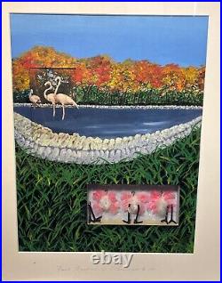 Vintage Original 1985 Flamingo Painting Collage Mixed Media Signed Rox Framed