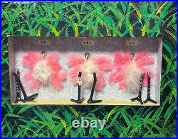 Vintage Original 1985 Flamingo Painting Collage Mixed Media Signed Rox Framed