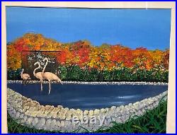 Vintage Original 1985 Flamingo Painting Collage Mixed Media Signed Rox Framed