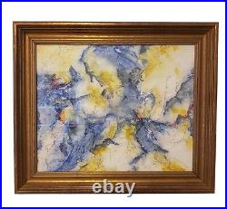 Vintage Original Abstract Watercolor Painting Blue And Yellow Artwork Signed