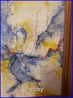 Vintage Original Abstract Watercolor Painting Blue And Yellow Artwork Signed