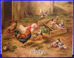 Vintage Original Barnyard Chickens Birds Oil Painting Signed