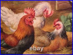 Vintage Original Barnyard Chickens Birds Oil Painting Signed