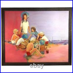 Vintage Original Beach Painting On Canvas Acrylic Signed Shore Valleau LARGE