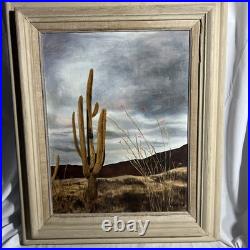 Vintage Original Desert Oil painting Cactus & Mountains SIGNED Desert Landscape