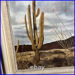 Vintage Original Desert Oil painting Cactus & Mountains SIGNED Desert Landscape