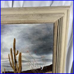 Vintage Original Desert Oil painting Cactus & Mountains SIGNED Desert Landscape