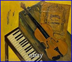 Vintage Original Dr. Seymour Bilfield Oil Painting Signed Violin & Piano Collage