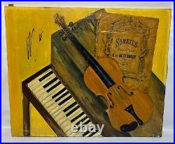 Vintage Original Dr. Seymour Bilfield Oil Painting Signed Violin & Piano Collage