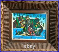 Vintage Original Haitian Art Oil Painting Prefete Duffaut Ile A Vache 10x08