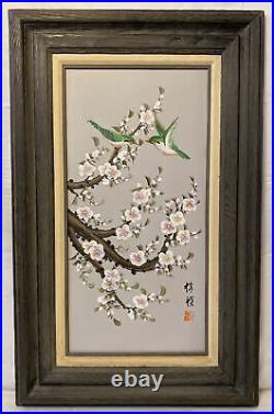 Vintage Original Japanese Oil Painting Signed Birds & Cherry Blossom Framed