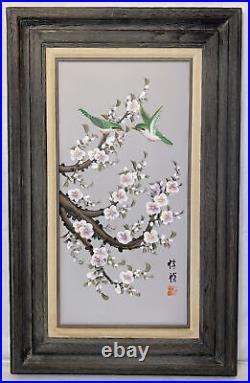 Vintage Original Japanese Oil Painting Signed Birds & Cherry Blossom Framed