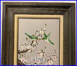 Vintage Original Japanese Oil Painting Signed Birds & Cherry Blossom Framed